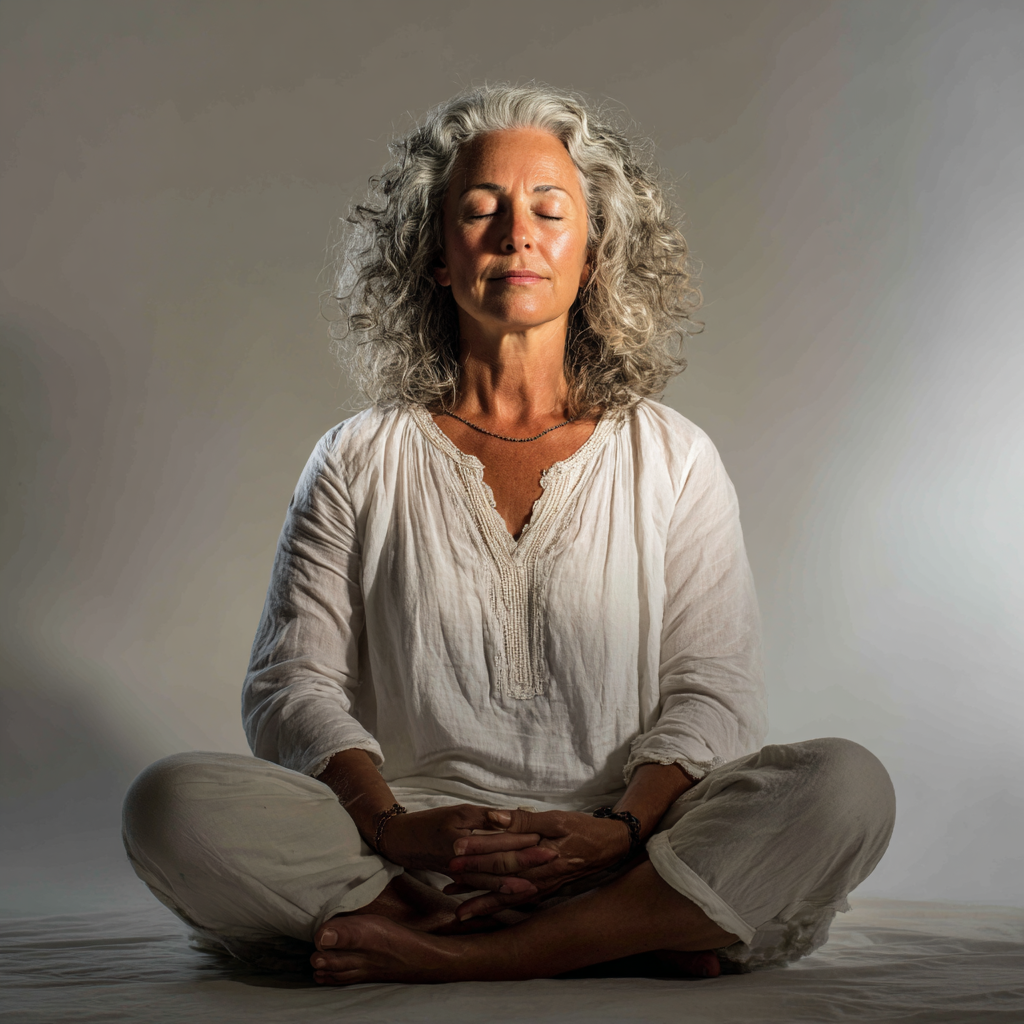 50 years old woman in lotus position with peaceful expression