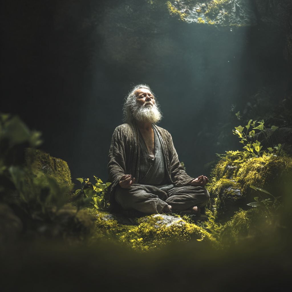 51 years old person in meditation surrounded by natural elements