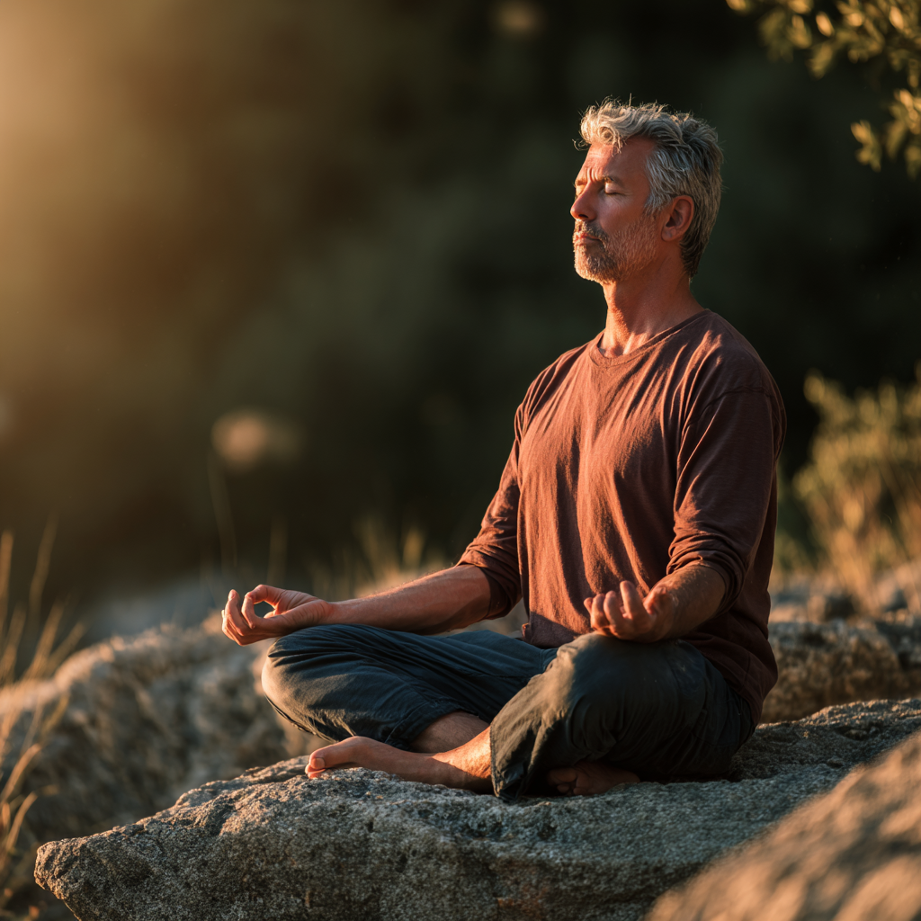 52 years old adult practicing mindfulness meditation in peaceful setting