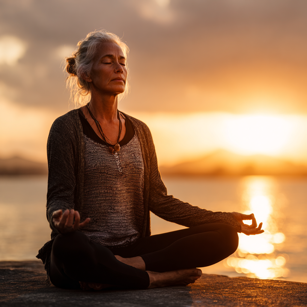 53 years old peaceful woman in yoga pose at sunrise